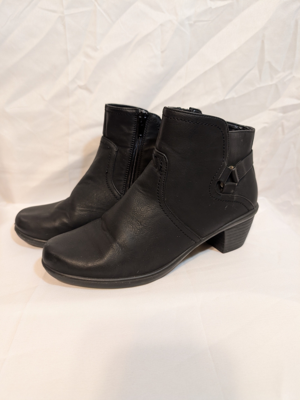 easy street Black Leather Ankle Booties with Low Block Heel
